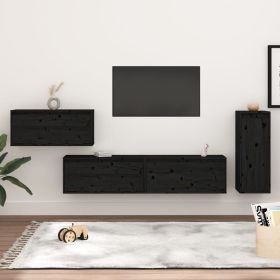 TV Cabinets 4 pcs Black Solid Wood Pine