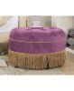 Yolanda 24" Round Upholstered Accent Ottoman, Purple Floral Sateen Jacquard with Gold Trim