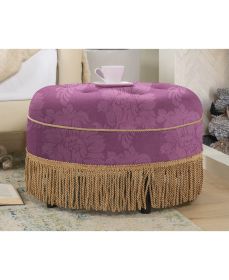 Yolanda 24" Round Upholstered Accent Ottoman, Purple Floral Sateen Jacquard with Gold Trim