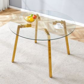 Modern Luxurious Round Tempered Glass Dining Table with Gold 7-Shaped Metal Legs,suitable for family meals, office conferences