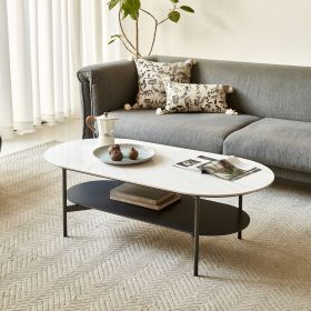 Coffee table ceramic Coffee Table, MDF painting Double Layer Coffee Table for Living Room, white ceramic and Coffee Brown Bottom Shelf