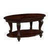 42'' oval wood coffee table for Living Room, 2-Tier Solid Wood Cocktail Table with Open Storage Shelf, Easy Assembly, Cherry