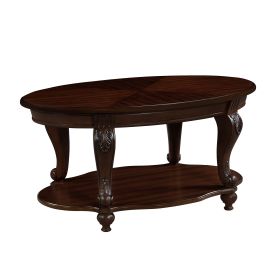 42'' oval wood coffee table for Living Room, 2-Tier Solid Wood Cocktail Table with Open Storage Shelf, Easy Assembly, Cherry