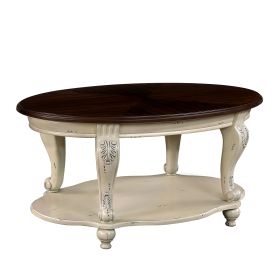 42'' oval wood coffee table for Living Room, 2-Tier Solid Wood Cocktail Table with Open Storage Shelf, Easy Assembly, Beige and Espresso Top