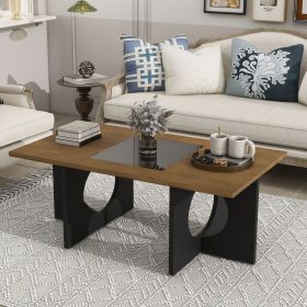 47" Contemporary Wood Rectangular Coffee Table with Clear Tempered Glass Top, Black and Light Espresso Top