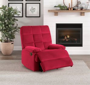 Reclining Chair Red Velvet Upholstery Square Tufted Back Pillowtop Arms Solid Wood Furniture Modern Living Room Recliner 1pc