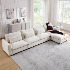 Large L Shape Sectional Corduroy Sofa,Deep Seat Couch with Storage Footstool and 4 Waist Pillows,Beige