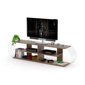 FurnisHome Store Mid Century Modern Tv Stand 4 Shelves Open Storage Entertainment Centre 68 inch Tv Unit, Walnut/Chrome