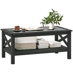 HOMCOM Glass Coffee Table, Modern Farmhouse Center Table with Storage, Side Table for Living Room with Classic X-Bar Style Sides, Black