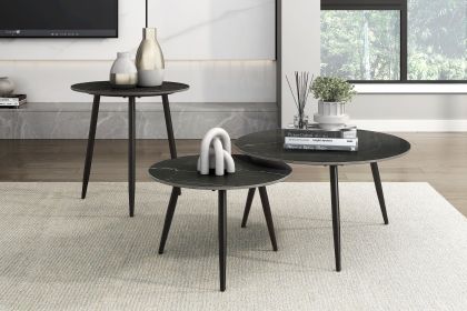 Modern Style Nesting Cocktail Tables and Side Table 3-Piece Occasional Table Set Black Metal Legs Sintered Stone Top