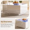 ON-TREND Square High Glossy Coffee Table with 16-color LED Strip Lights, Modern Center Table with 5mm Frosted Tempered Glass Top for Living Room