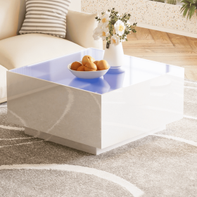 ON-TREND Square High Glossy Coffee Table with 16-color LED Strip Lights, Modern Center Table with 5mm Frosted Tempered Glass Top for Living Room