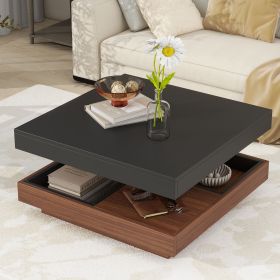 ON-TREND Modern Square 360°Rotating Coffee Table with Three Detachable Tray, 2-Tier Farmhouse Wood Center Table with Storage for Living Room, Black