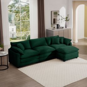 Corduroy 3-seater sofa with 1 footrest, L-shaped double sofa with ottoman for small living rooms, Green corduroy sofa