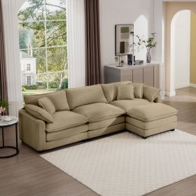 Corduroy 3-seater sofa with 1 footrest, L-shaped double sofa with ottoman for small living rooms, Tan corduroy sofa