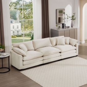 Mid-Century Modern Sofa 3-Seater Sectional Sofa with 2 Arm Pillows and 3 Throw Pillows, Light Beige Corduroy Fabric
