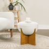 Bali 18.5" Round Upholstered Ottoman with Natural Wood Base, Ivory White Boucle