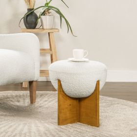 Bali 18.5" Round Upholstered Ottoman with Natural Wood Base, Ivory White Boucle