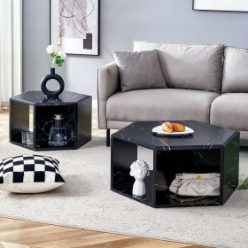 Modern Minimalist Black Hexagonal Coffee Table Set.Hexagonal MDF coffee table, characteristic pattern stickers