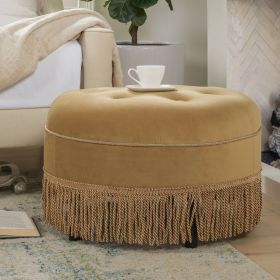 Yolanda 24" Round Upholstered Accent Ottoman, Gold Yellow Velvet with Gold Trim