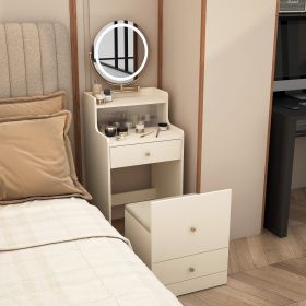 3 in 1 Vanity Desk With mirror and light ,Small makeup vanity set with charging station, With 2 drawers and open storage space, with upholstered stool