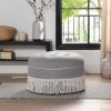 Yolanda 24" Round Upholstered Accent Ottoman, Light Gray Polyester with Ivory Trim