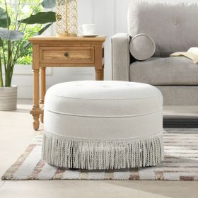 Yolanda 24" Round Upholstered Accent Ottoman, Alabaster Off White Tweed