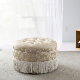 oYolanda 24" Round Upholstered Accent Ottoman, Champagne Beige Floral Jacquard with Ivory Trim