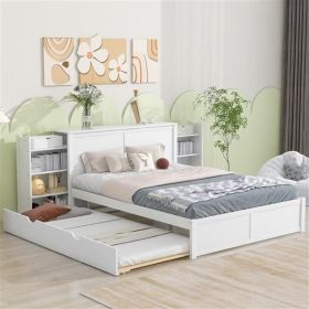 bQueen Size Storage Platform Bed with Pull Out Shelves and Twin XL Size Trundle, White