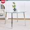 Modern minimalist ROUND glass dining table, transparent glass tabletop and chrome metal legs, suitable for kitchens, restaurants