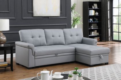 Lexi 83.5" Gray Vegan Leather Modern Reversible Sleeper Sectional Sofa with Storage Chaise