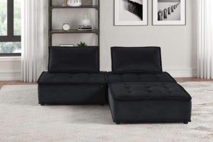 Anna 80" Black Velvet 3 Pc Sectional Sofa Ottoman