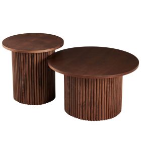 Walnut Wood Veneer Tabletop, Set of 2 Round Coffee Tables, Farmhouse Circle Coffee Table MDF Table-top with Metal Base