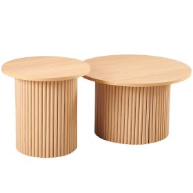 Oak Wood Veneer Tabletop Set of 2 Round Coffee Tables, Farmhouse Circle Coffee Table MDF Table-top with Metal Base, Sofa Side Table for Living Room