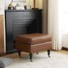 PU Leather Ottoman with Solid Wood Legs and Casters, Brown