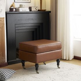 PU Leather Ottoman with Solid Wood Legs and Casters, Brown