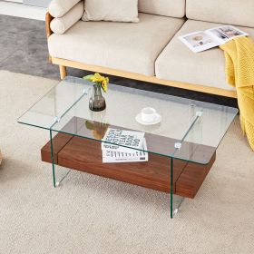 43.3 Inch Modern Two-Tier Coffee Table - An Elegant Combination of Clear Glass and Dark Wood Texture Sticker.It can be used not only as a coffee table