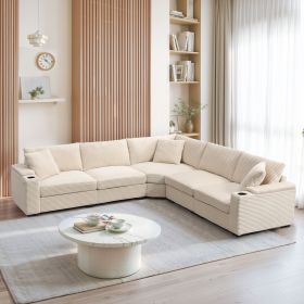 [Video]106" Convertible L Shaped Sectional Sofa,Corduroy Corner Couch with Armrest Storage,Cup Holders,USB Charger,Irregular Corner