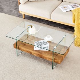 43.3 Inch Modern Two-Tier Coffee Table - An Elegant Combination of Clear Glass and Light Wood Texture Sticker.It can be used not only as a coffee tabl