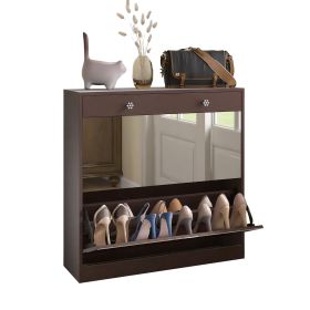 Mirror Shoe Cabinet with 2 Tier Drawers, Mirror Shoe Rack With 1 Drawer Storage, Mirror Shoe Organizer with 2 Layers In a Drawer for Entrance