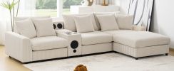 [New+Video]114*64'' Corduroy Sectional Sofa with Bluetooth Speakers,L Shaped Couch with Console,USB Charger,Cup Holders,Storage,Ottoman