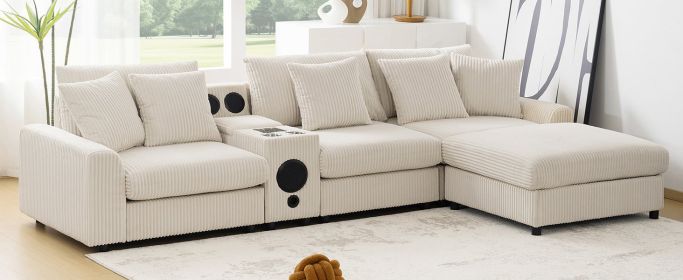 [New+Video]114*64'' Corduroy Sectional Sofa with Bluetooth Speakers,L Shaped Couch with Console,USB Charger,Cup Holders,Storage,Ottoman