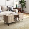 Elegant Veener Weaving Design Coffee Table with 4 Sliding Door, Wooden Center Rectangular Table with Symmetrical Design Storage Cabinet