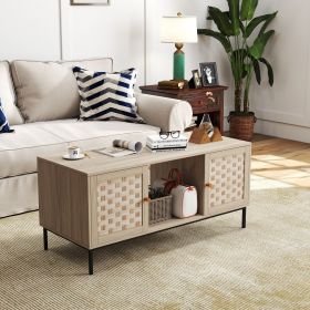 Elegant Veener Weaving Design Coffee Table with 4 Sliding Door, Wooden Center Rectangular Table with Symmetrical Design Storage Cabinet
