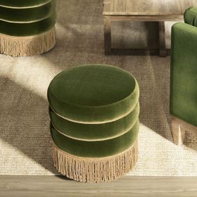 Edward 17.5" Round Upholstered Ottoman with Bullion Fringe, Olive Green Performance Velvet