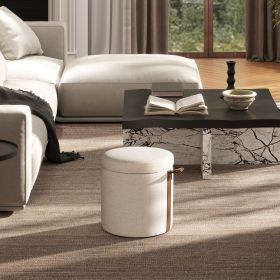 Brandy 14" Round Upholstered Storage Ottoman with Leather Accent, Flax White