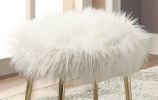 Contemporary Glam White Gold Fabric Faux Fur 1pc Ottoman Upholstery Living Room Ottoman Seat