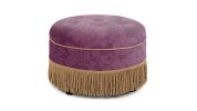 Yolanda 24" Round Upholstered Accent Ottoman, Purple Floral Sateen Jacquard with Gold Trim