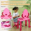 Qaba Kids Vanity Set with Mirror and Stool, Girls Makeup Table with Light and Sound, 15 Accessories, Pretend Play Set with Hair Dryer for 3-6 Years
