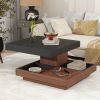 ON-TREND Modern Square 360°Rotating Coffee Table with Three Detachable Tray, 2-Tier Farmhouse Wood Center Table with Storage for Living Room, Black